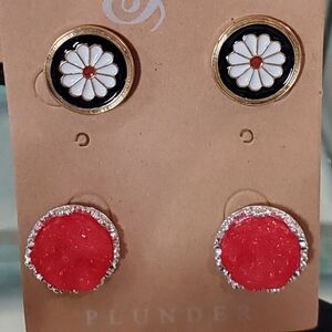 Plunder- "Gracie Set". Set of 2  Daisy & red druzy stud earrings.
